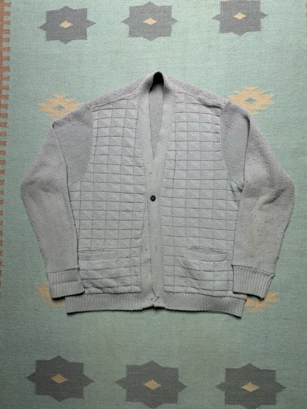 Vintage 70s knit cardigan sweater wool blend windowpane gray AS IS men’s Large
